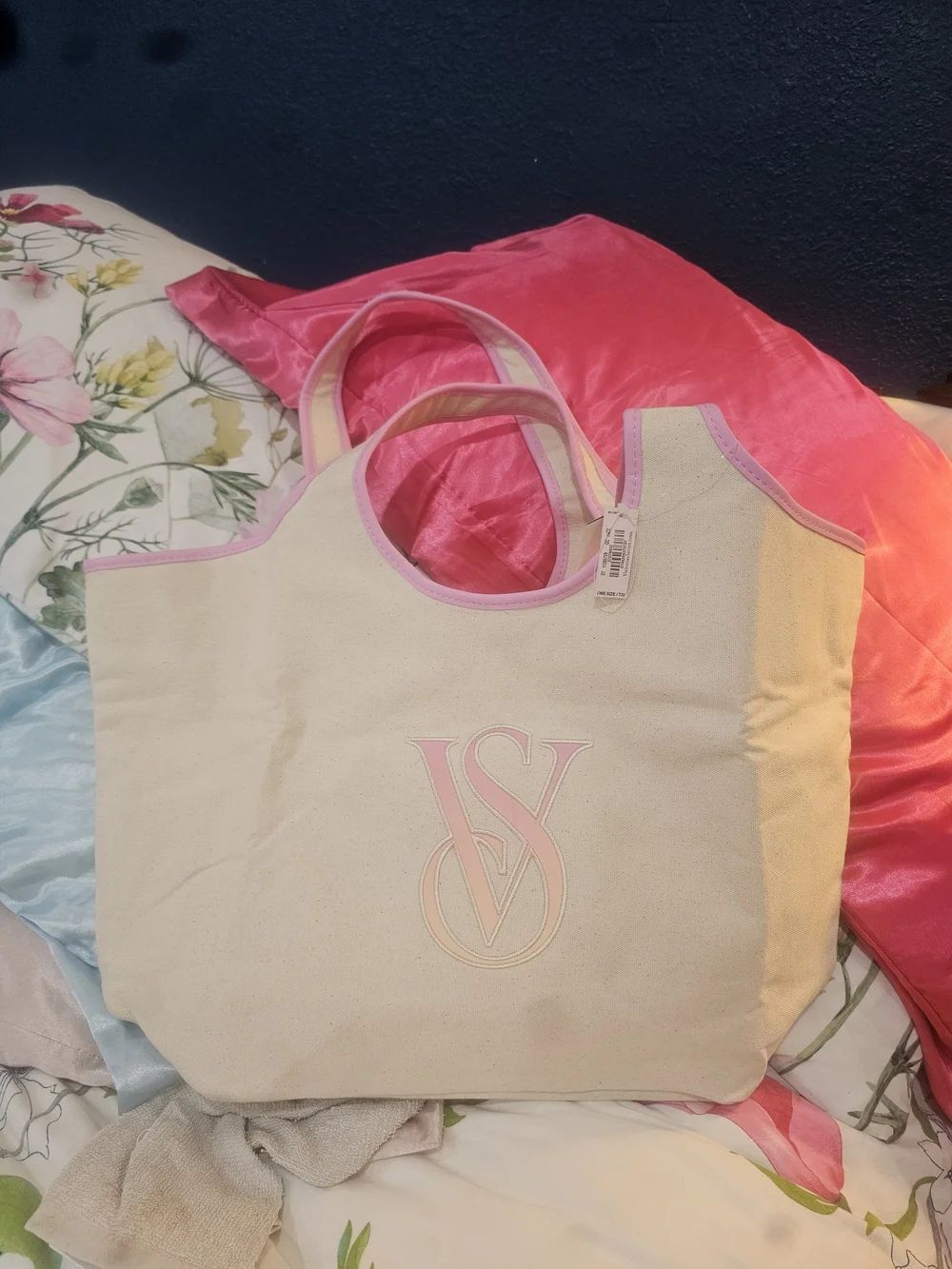 PINK Victoria's Secret Beige Canvas Tote with Pink Trim